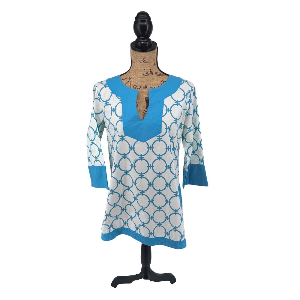 Gretchen Scott‎ Tunic Top Womens S Aqua White Geometric Cotton 3/4 Sleeve Resort